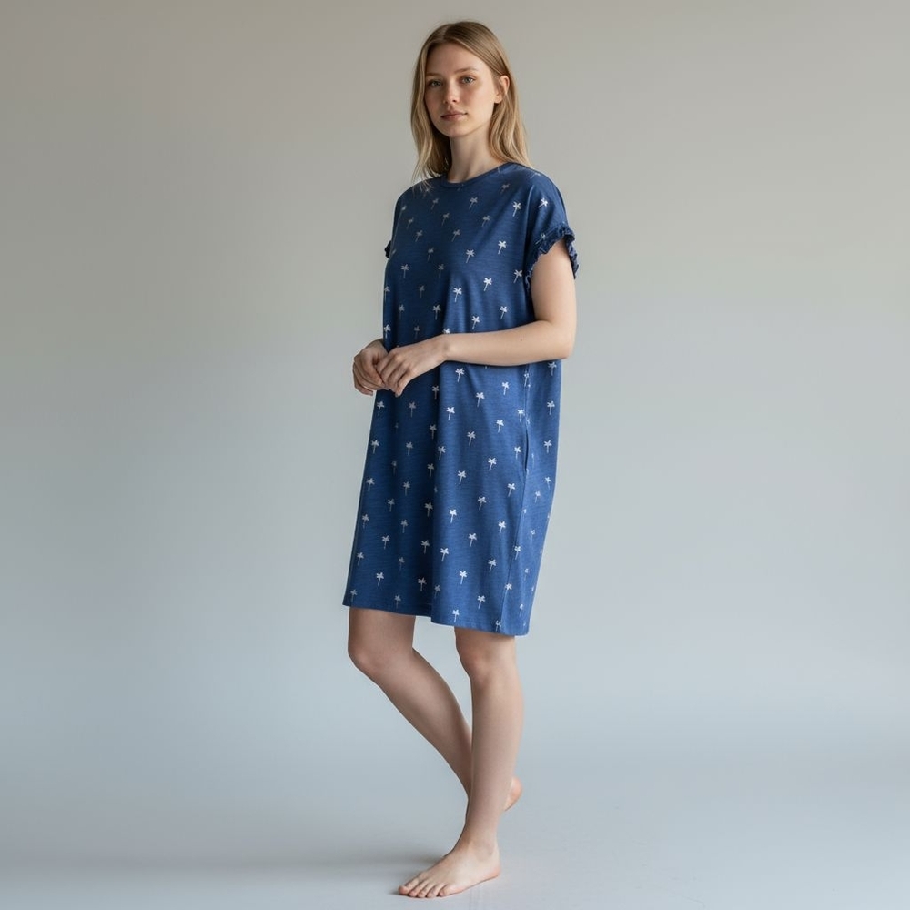 Boden ruffle sleeve palm print blue cotton shift dress size 10 R